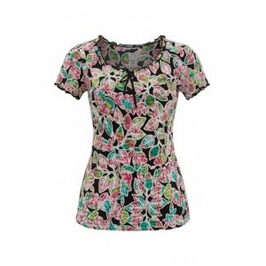 Peaches Uniforms Womens XS Floral Print Scrub Top Short‎ Sleeve Ruffle Tie Neck